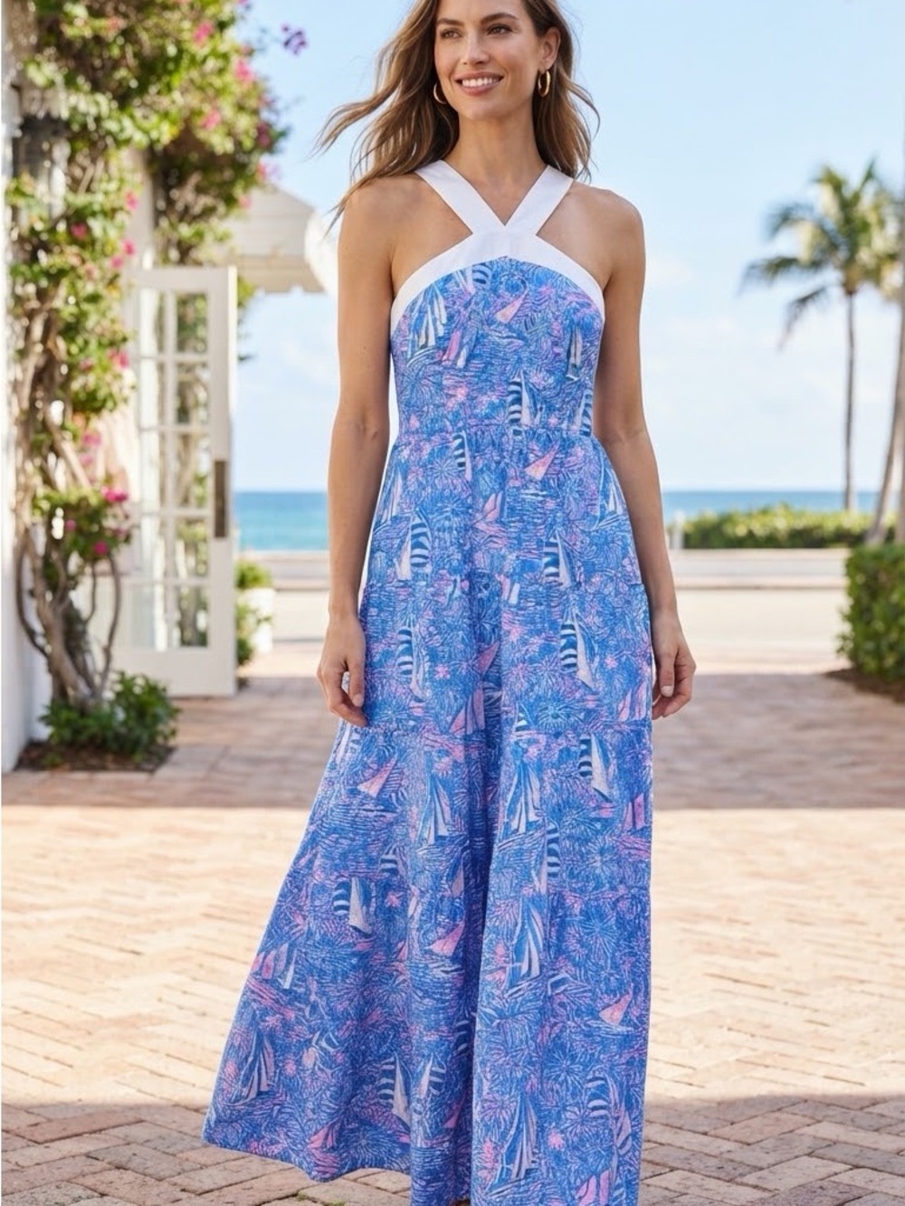Lilly Pulitzer Blue and White Sailboat Print Halter Maxi Dress